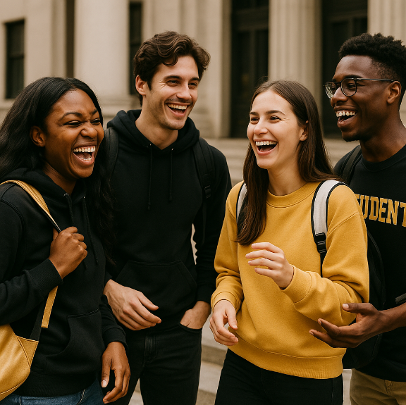 happy students on campus outside